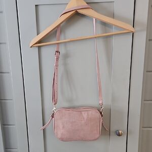 Small 2 Zipper Top Flat Bottom Adjusting Strap Blush Crossbody Bag